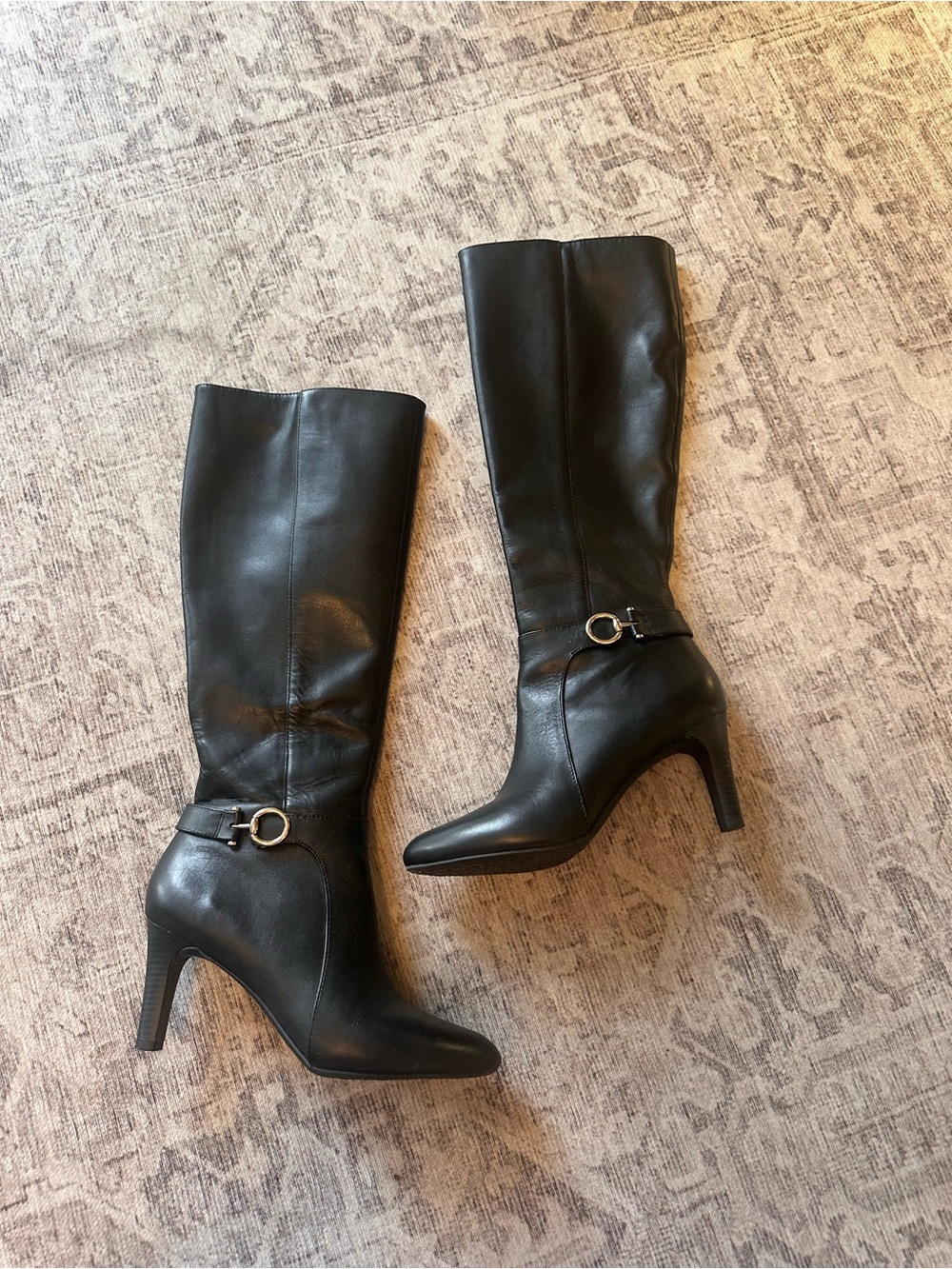 Bandolino Black Leather Knee-High Heeled Boots with Metal Ring Detail